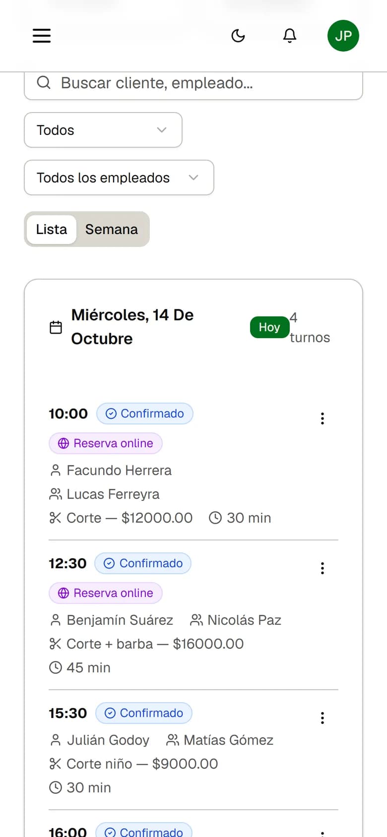 Agenda semanal de turnos con estados confirmado y pendiente